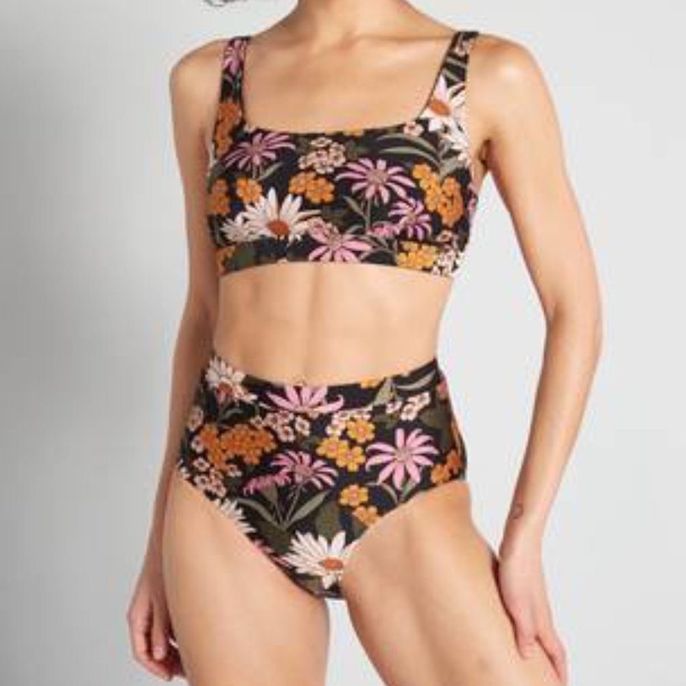 High-Waist Floral Bikini Set - Black with Pink & Orange Flowers